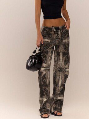 Mocha Brown Casual Women's Peacock Print Lace Up Straight Leg Printed Jeans